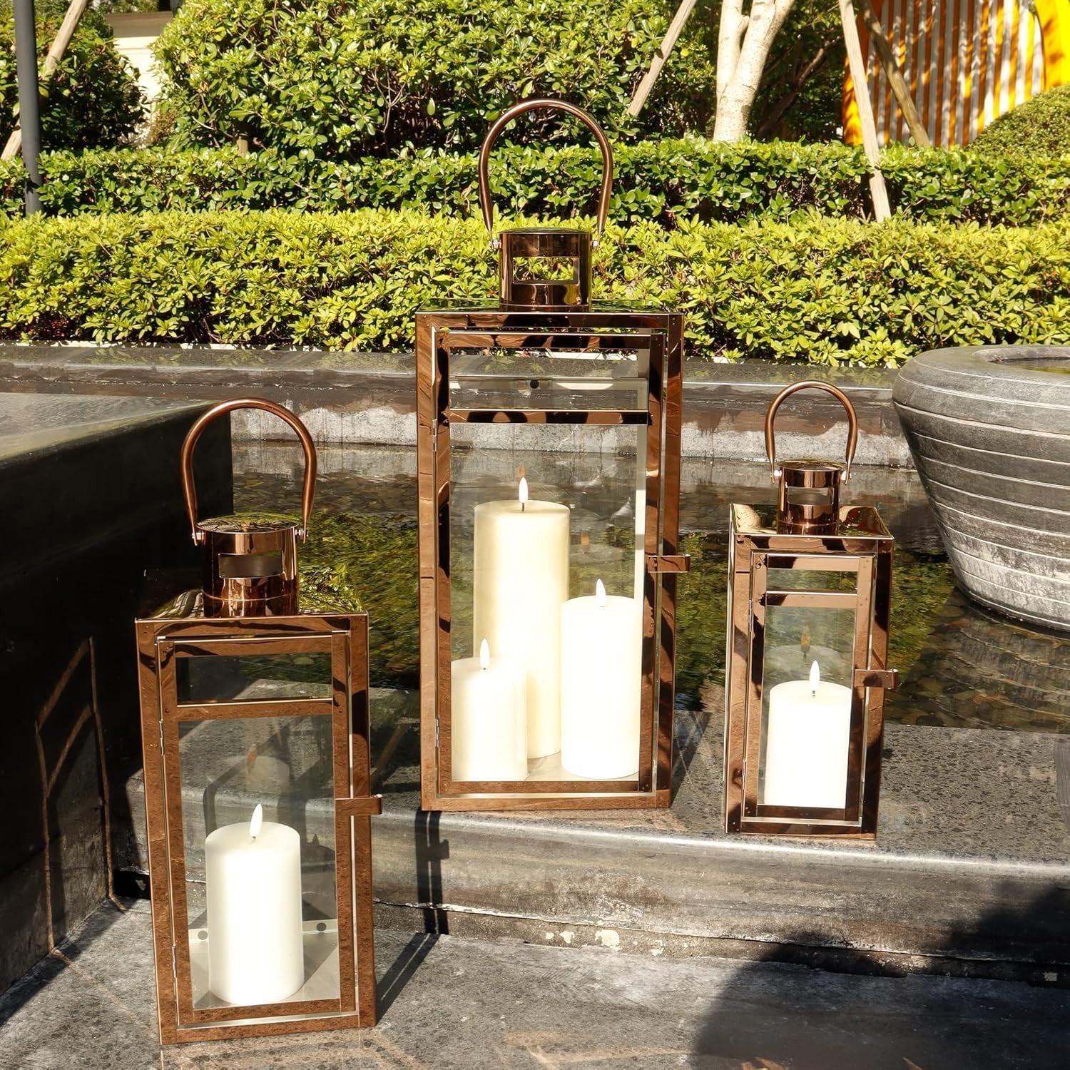 3 Pack Rose Gold Stainless Steel Candle Lanterns Indoor Outdoor Decor