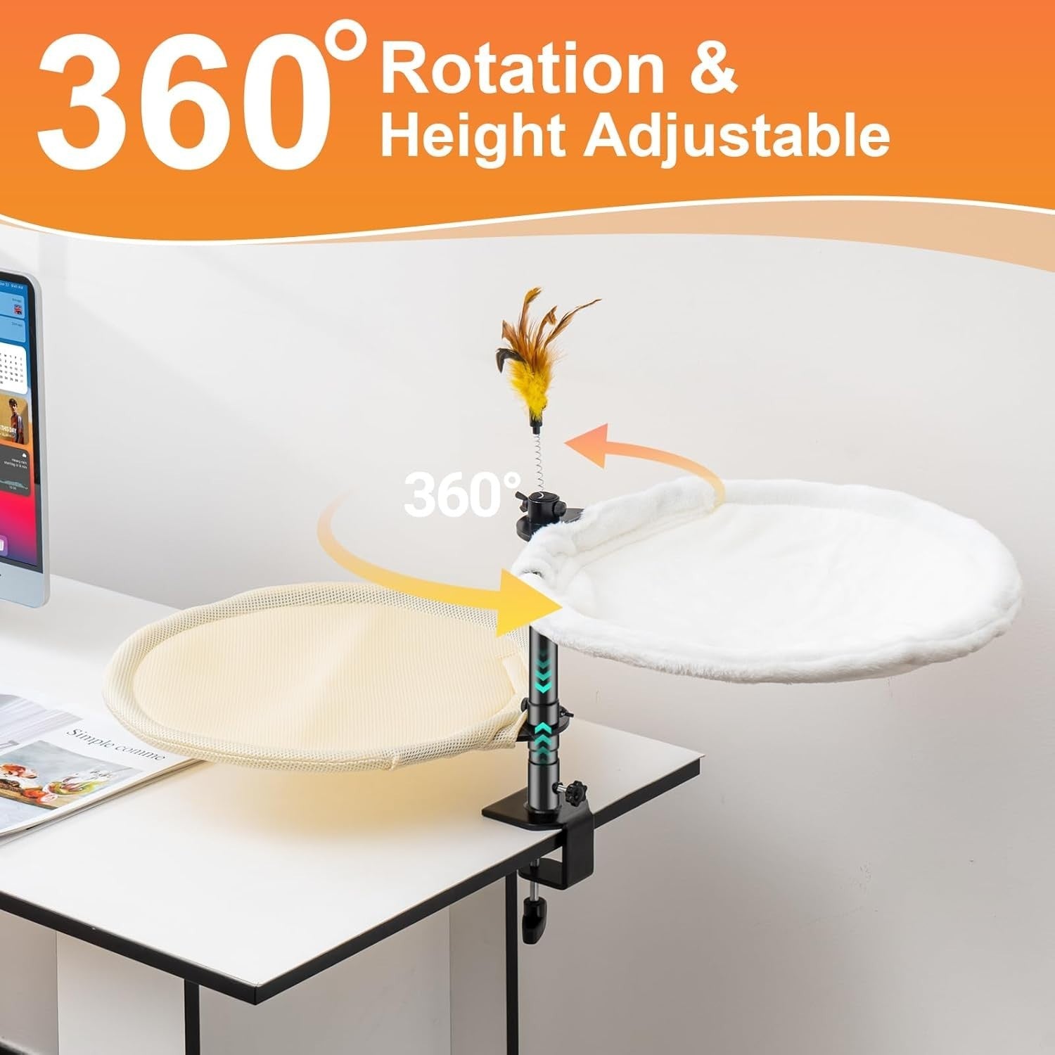 Double Layer Cat Desk Bed 360° Rotating Perch Adjustable w Washable Covers