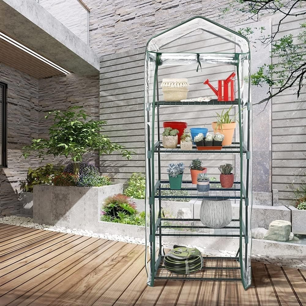 5 Tier Mini Greenhouse with Clear PVC Cover Roll-Up Door for Plants 69x49x193cm