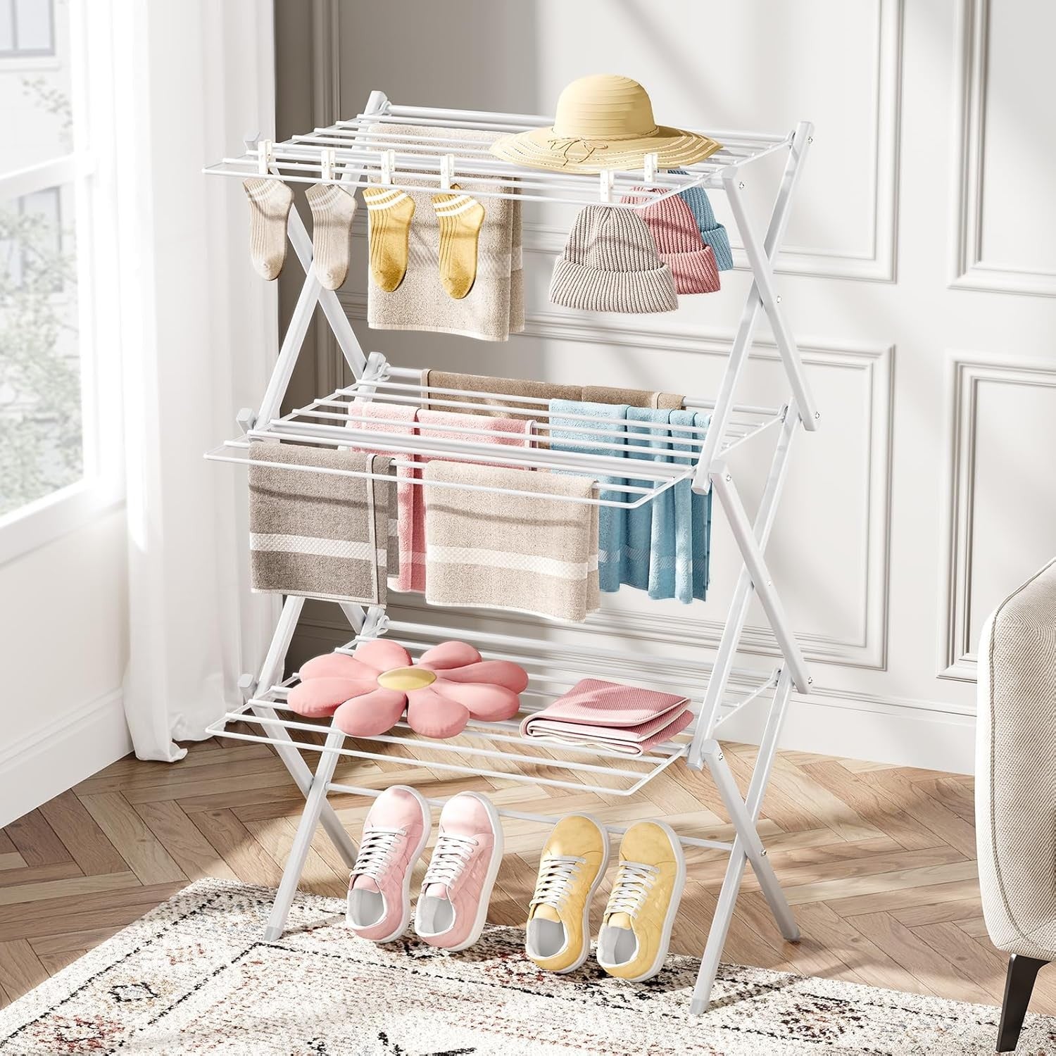 Clothes Airer 3 Tier Folding Drying Rack Space Saving Indoor Laundry Stand