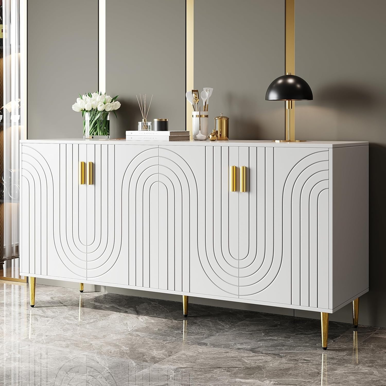 Modern White Sideboard Cabinet Storage Unit Gold Legs Doors 152cm