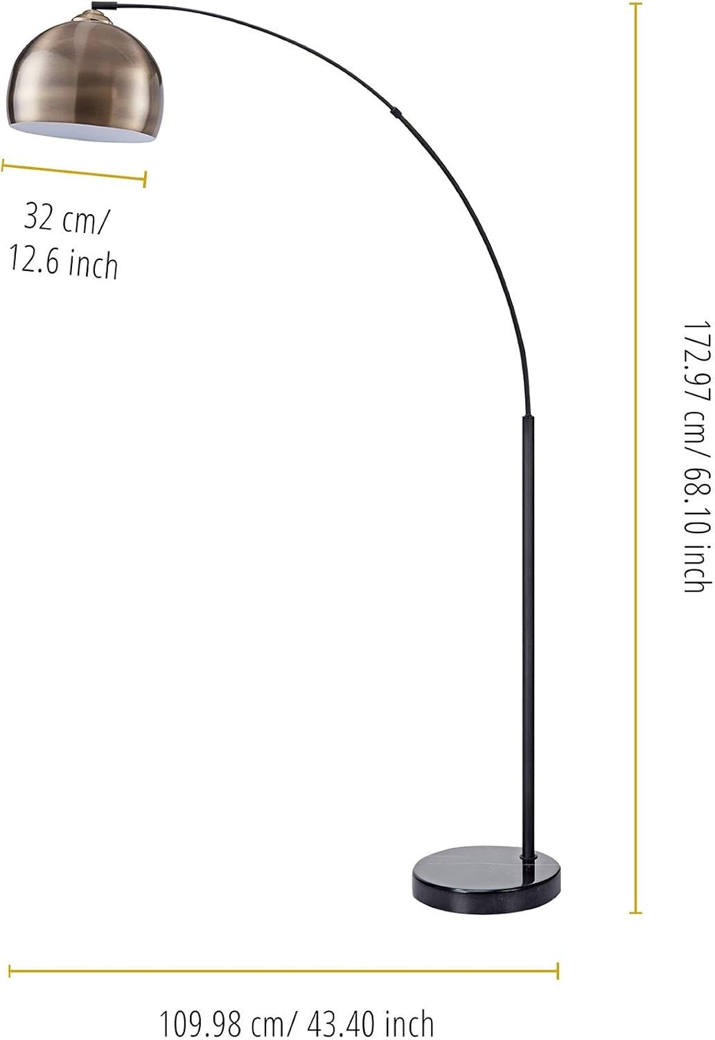 Modern Arc Floor Lamp 173cm, Adjustable Light with Marble Base