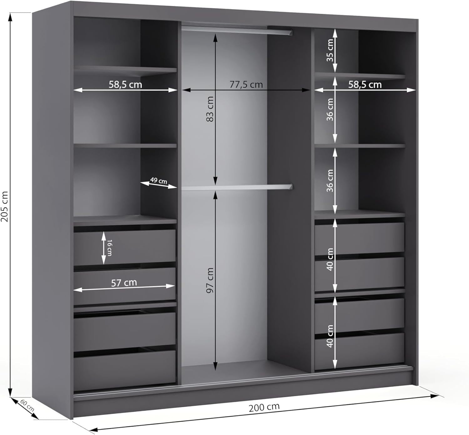 Modern Grey Sliding Door Wardrobe with Mirror & 8 Drawers – Large Storage