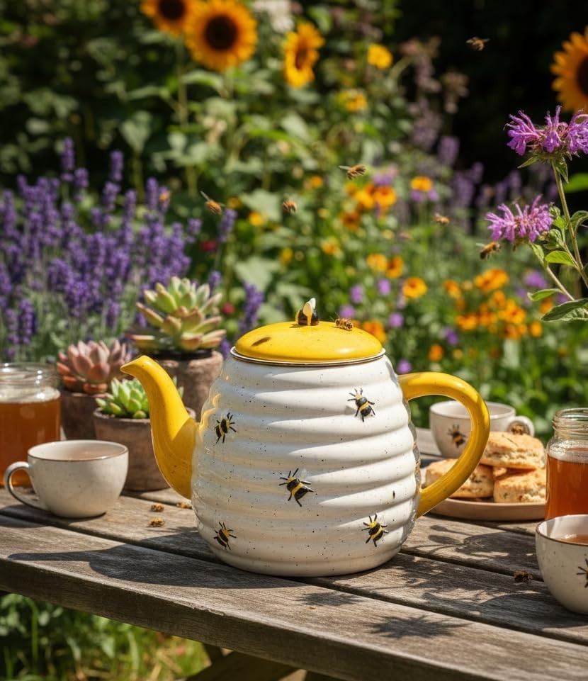Ceramic Beehive Teapot Yellow White Farmhouse Tea Pot Kitchen Decor