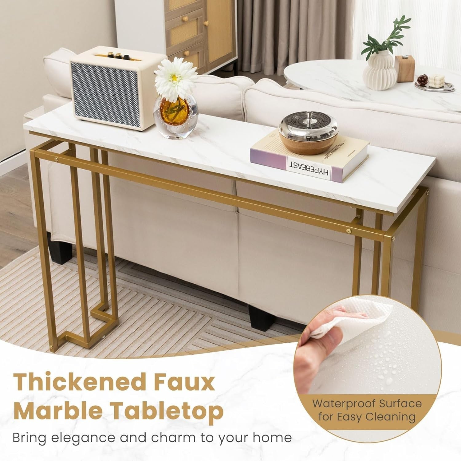 Slim Faux Marble Console Table, Modern Gold Frame, 120cm Entryway Accent