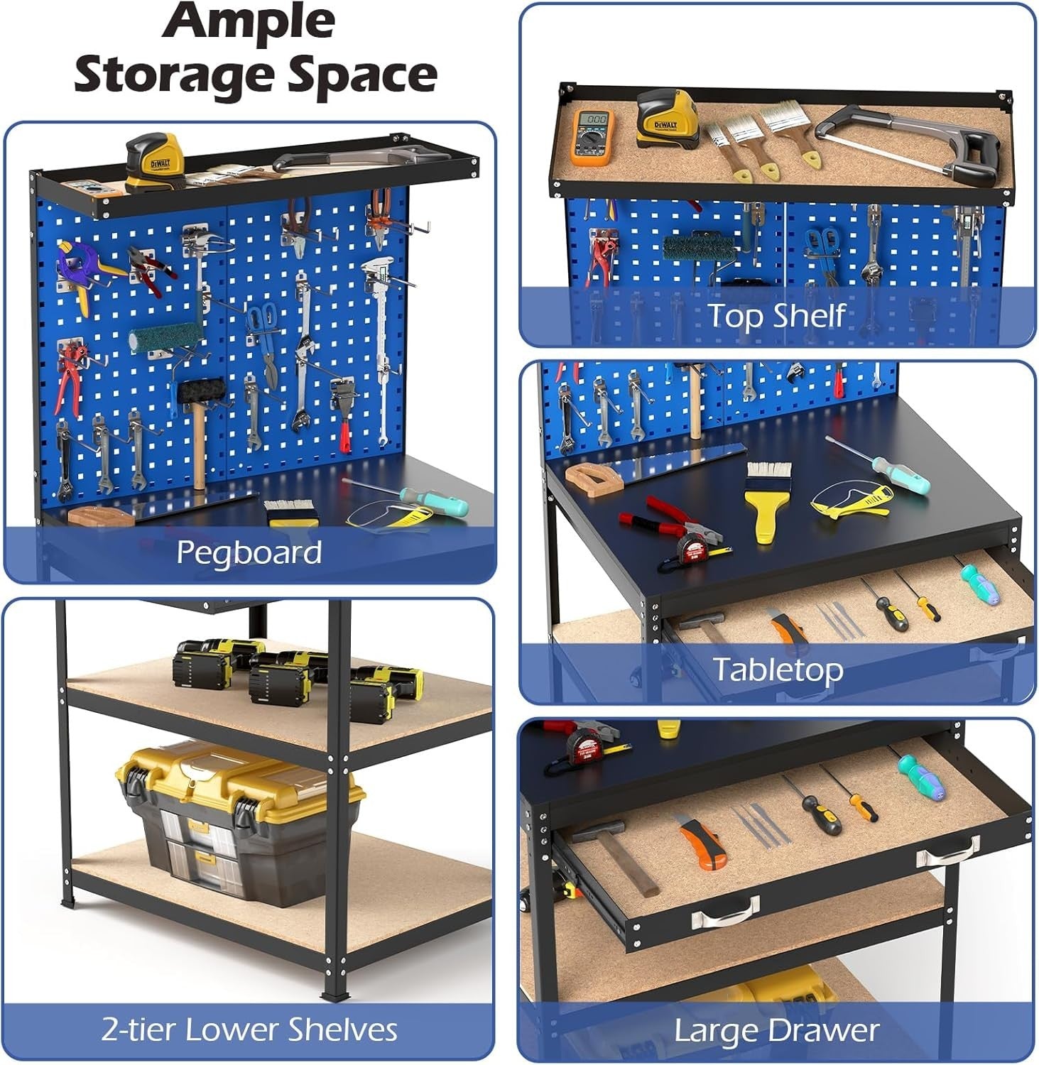 Navy Heavy Duty Garage Workbench Pegboards Drawer Shelves 290kg Tool Station