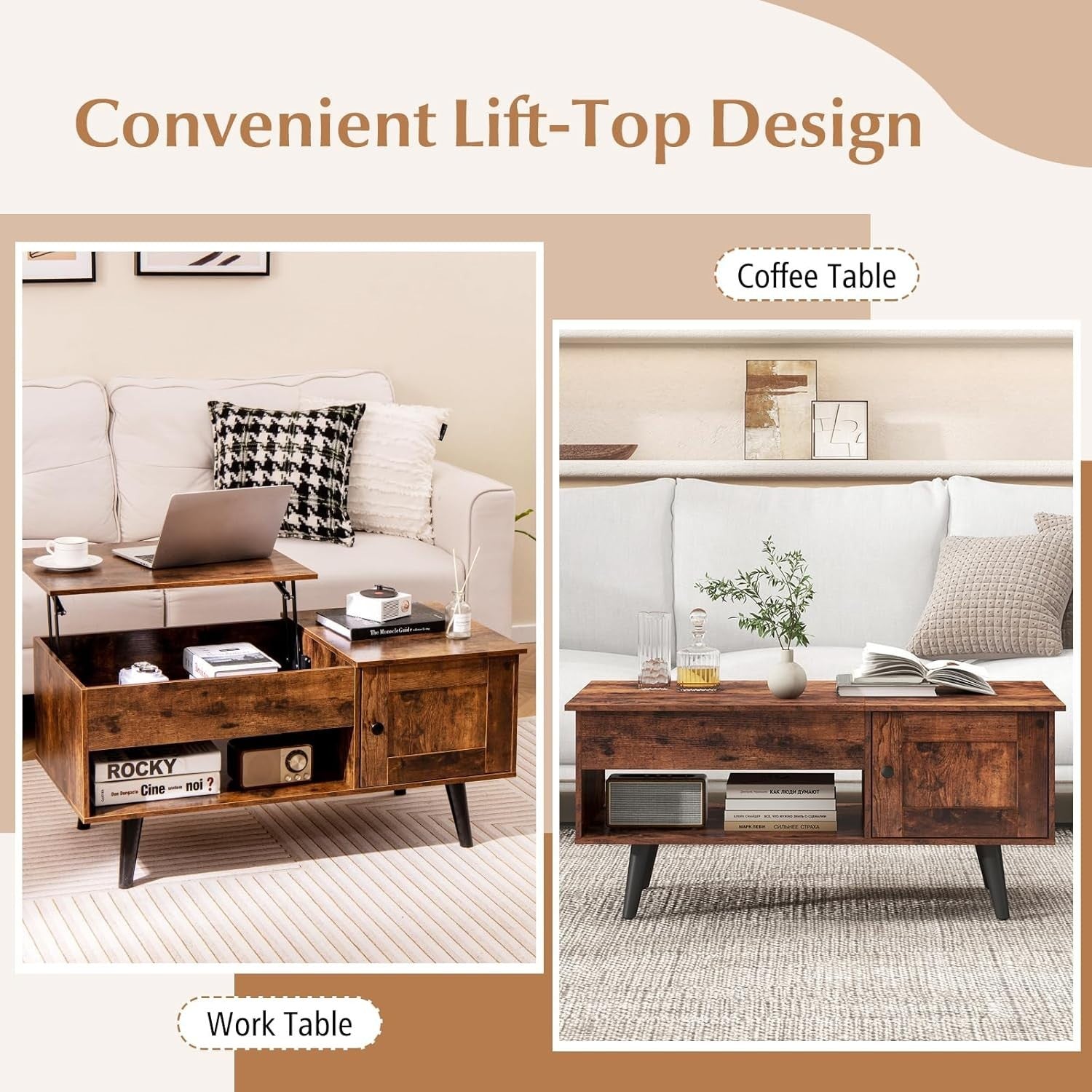 Lift Top Coffee Table with Storage, Adjustable Height, Rustic Brown Wood Finish