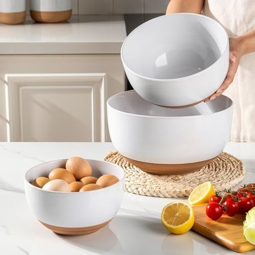 3-Piece White Ceramic Mixing Bowls Set Nesting Microwave & Dishwasher Safe