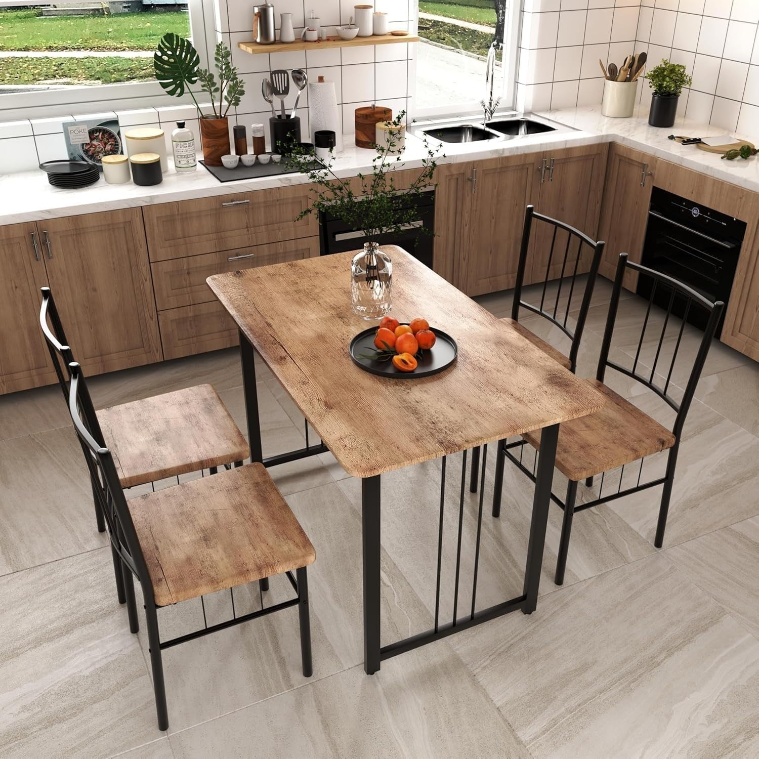 Rustic Wooden Dining Table Set 4 Metal Frame Chairs Kitchen & Dining Room