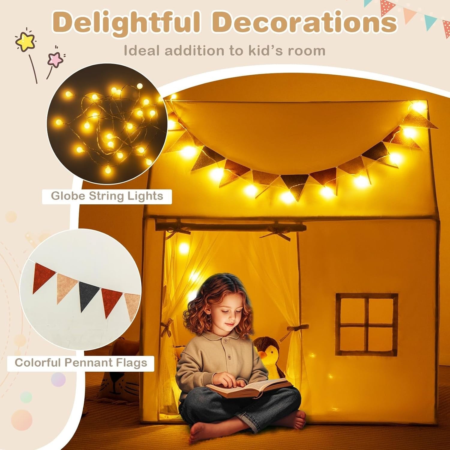 Kids Castle Playhouse Tent Indoor Outdoor w Lights Non Slip Mat Flags