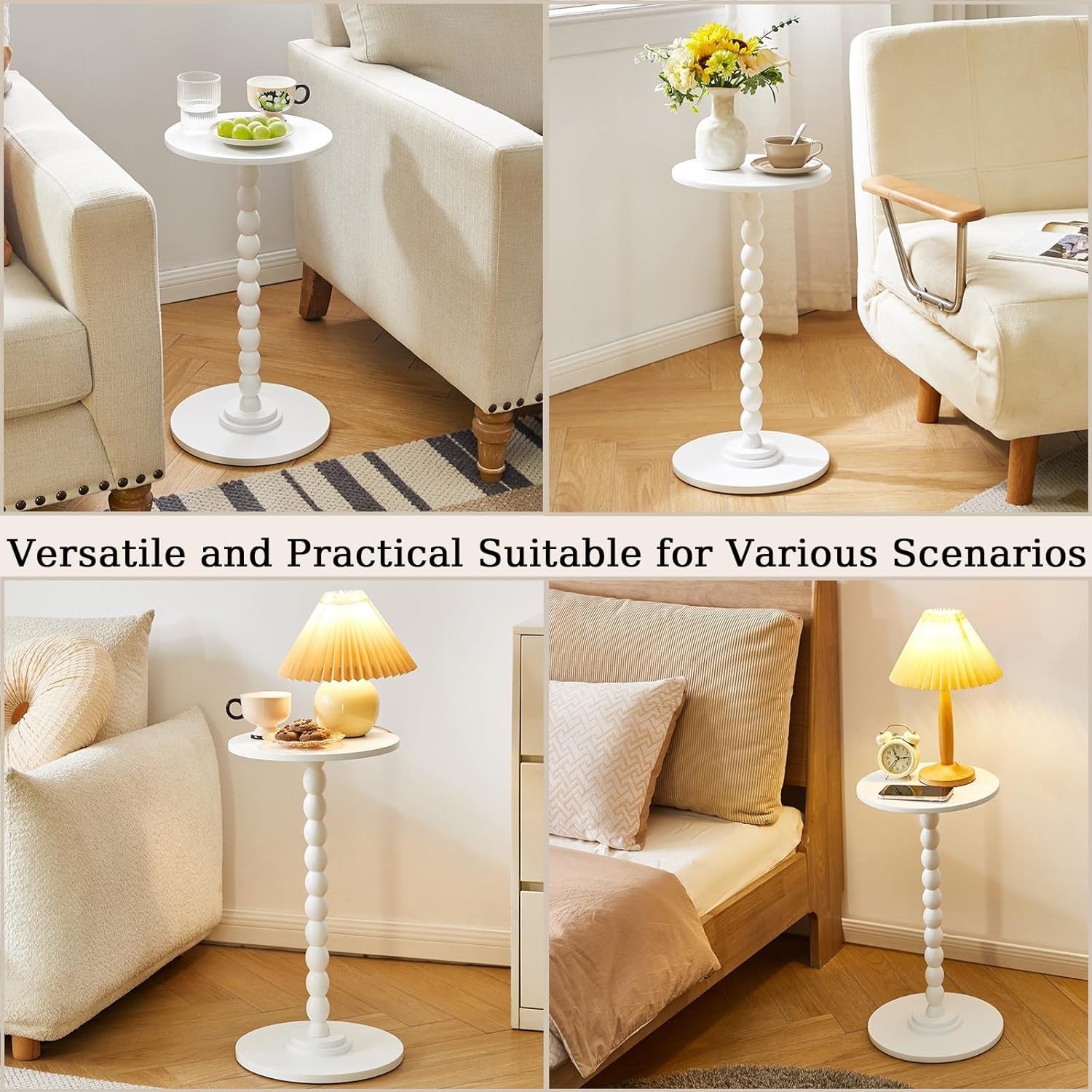 White Round Side Table – Modern Slim Accent Table with Solid Wood Leg for Small