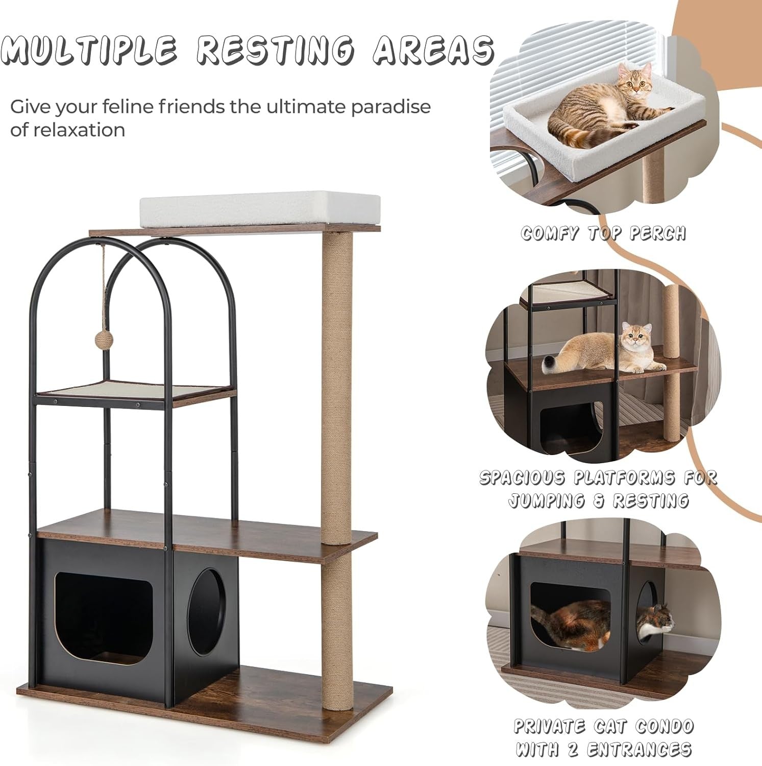 Tall Cat Tree 4 Tier Indoor Cat Tower with Condo Scratching Modern