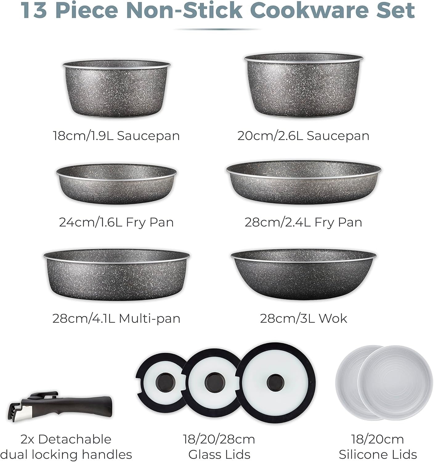 13pcs Black Non Stick Cookware Set  Stackable Pans with Detachable Handle