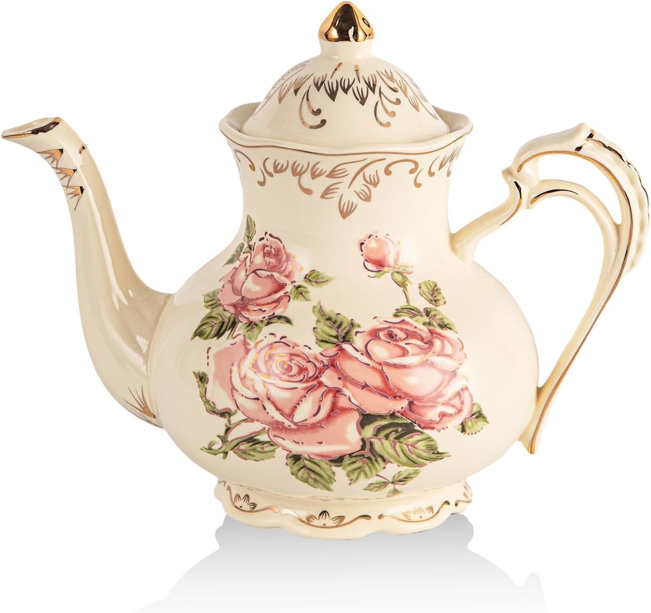 1000ml Floral Porcelain Teapot with Infuser Vintage Rose Gold Trim