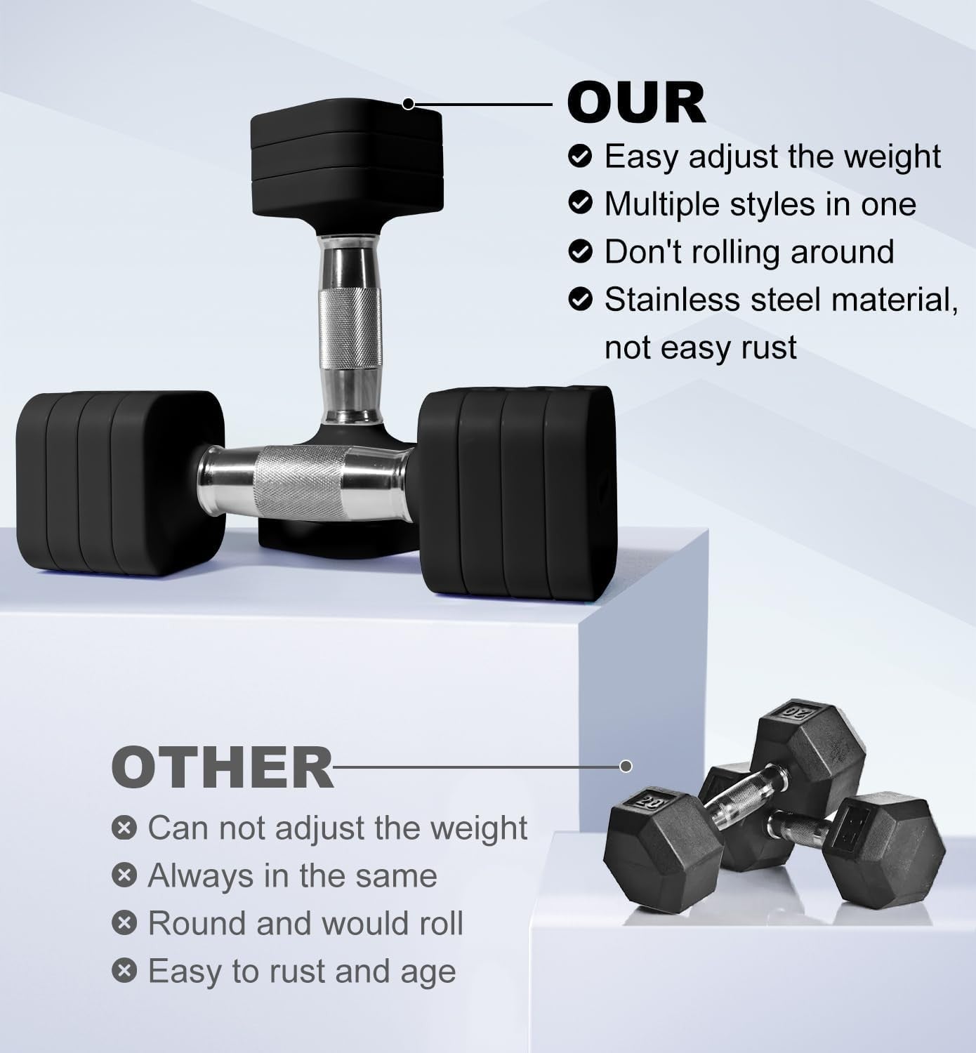 20LB Adjustable Dumbbells Pair 4-in-1 Anti-Roll Free Weights Home Gym