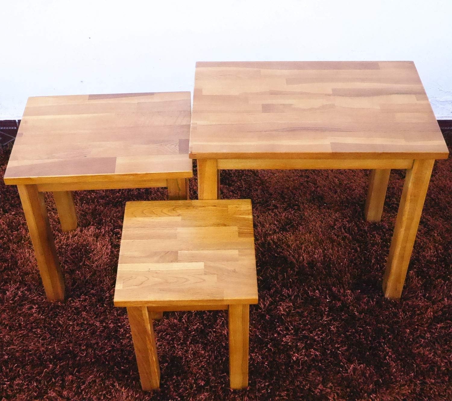 Nest of 3 Rustic Oak Wood Side End Tables Coffee Lamp Set Rectangular Easy Assem