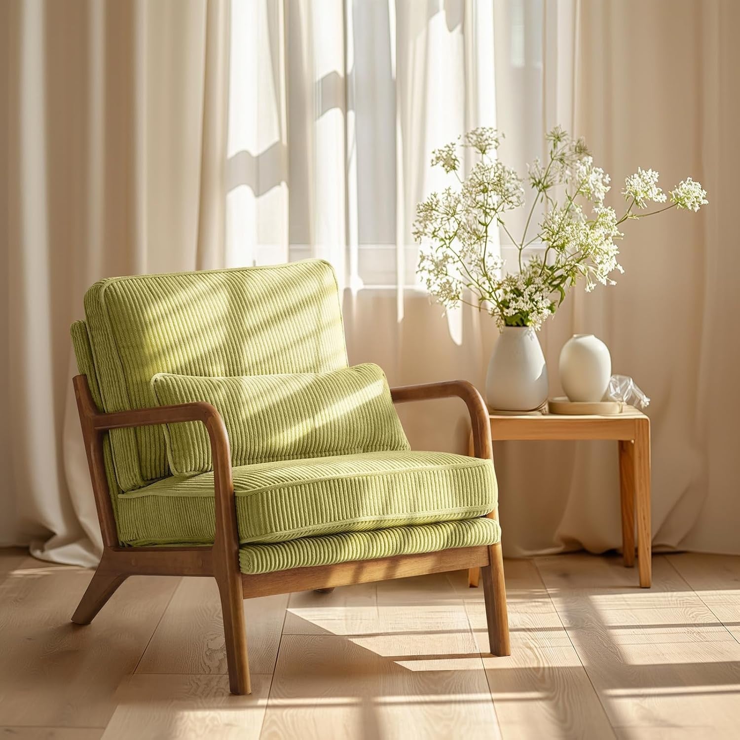 Corduroy Lounge Armchair with Cushions | Oversized Reading Chair, Green