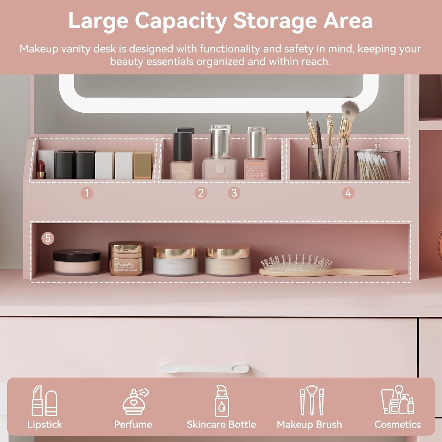 Pink Vanity Desk Makeup Table Set w/LED Light Mirror Drawers Stool Storage