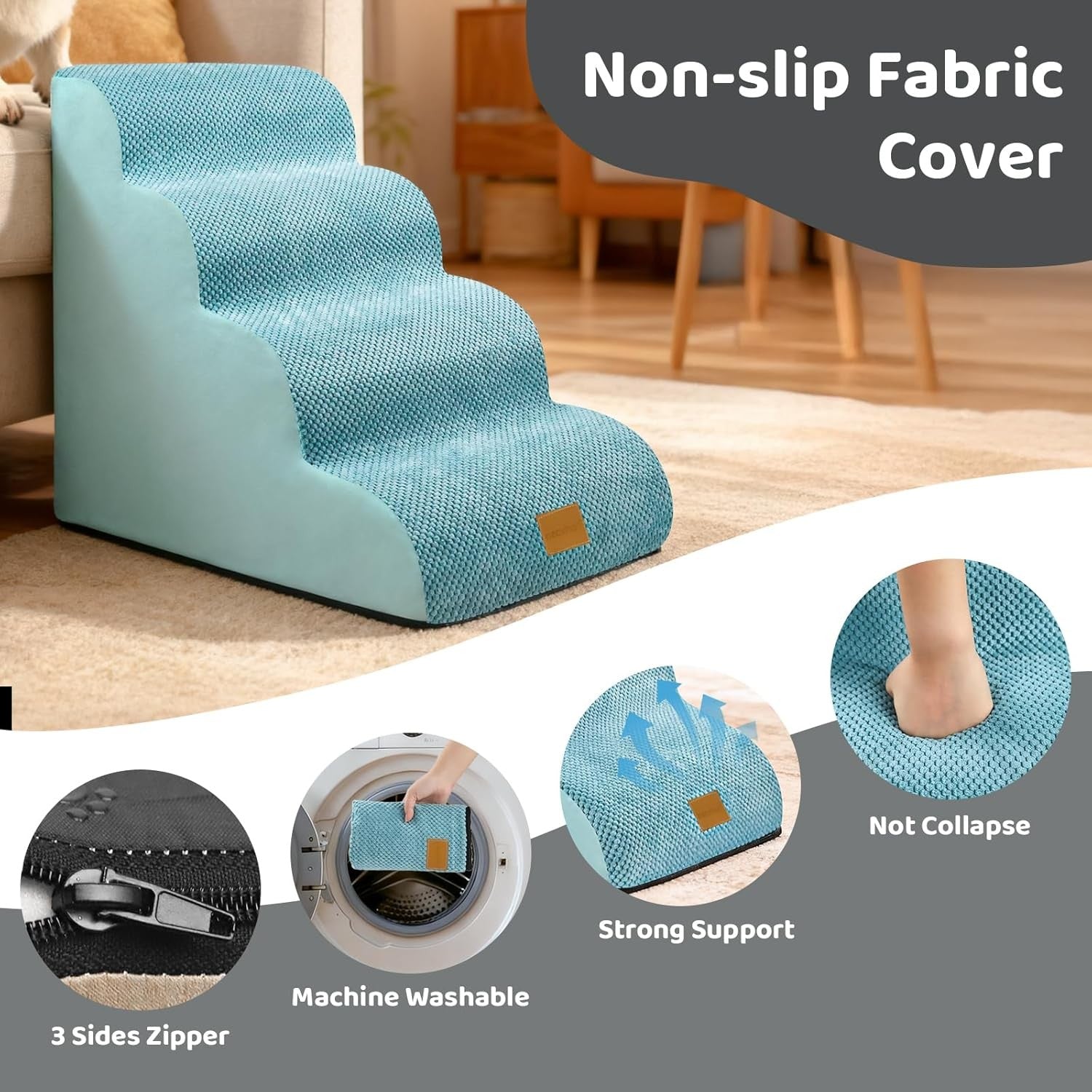 Dog Steps for Bed 4-Step NonSlip Pet Stairs Ladder Foam Ramp with Plush Cover