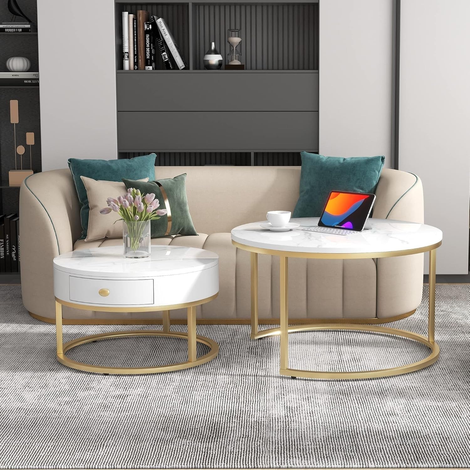 2PCS Nesting Coffee Table Set Marble Look Top Round Metal Frame Living Room