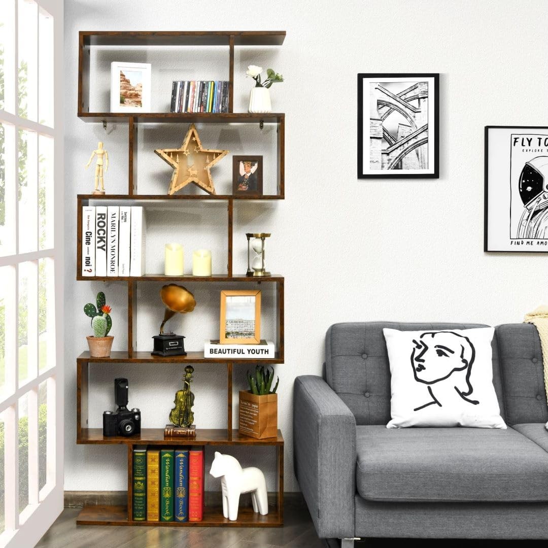 S-Shaped 6 Tier Bookcase Tall Freestanding Storage Shelving Unit 80x23x192cm