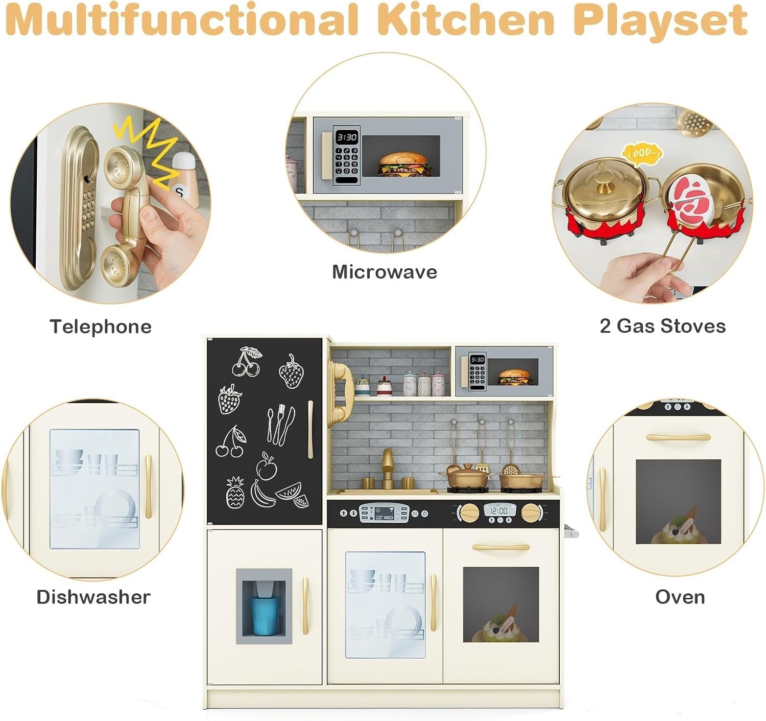 Kids Wooden Play Kitchen w/ Ice Maker Chalkboard Yellow Toy