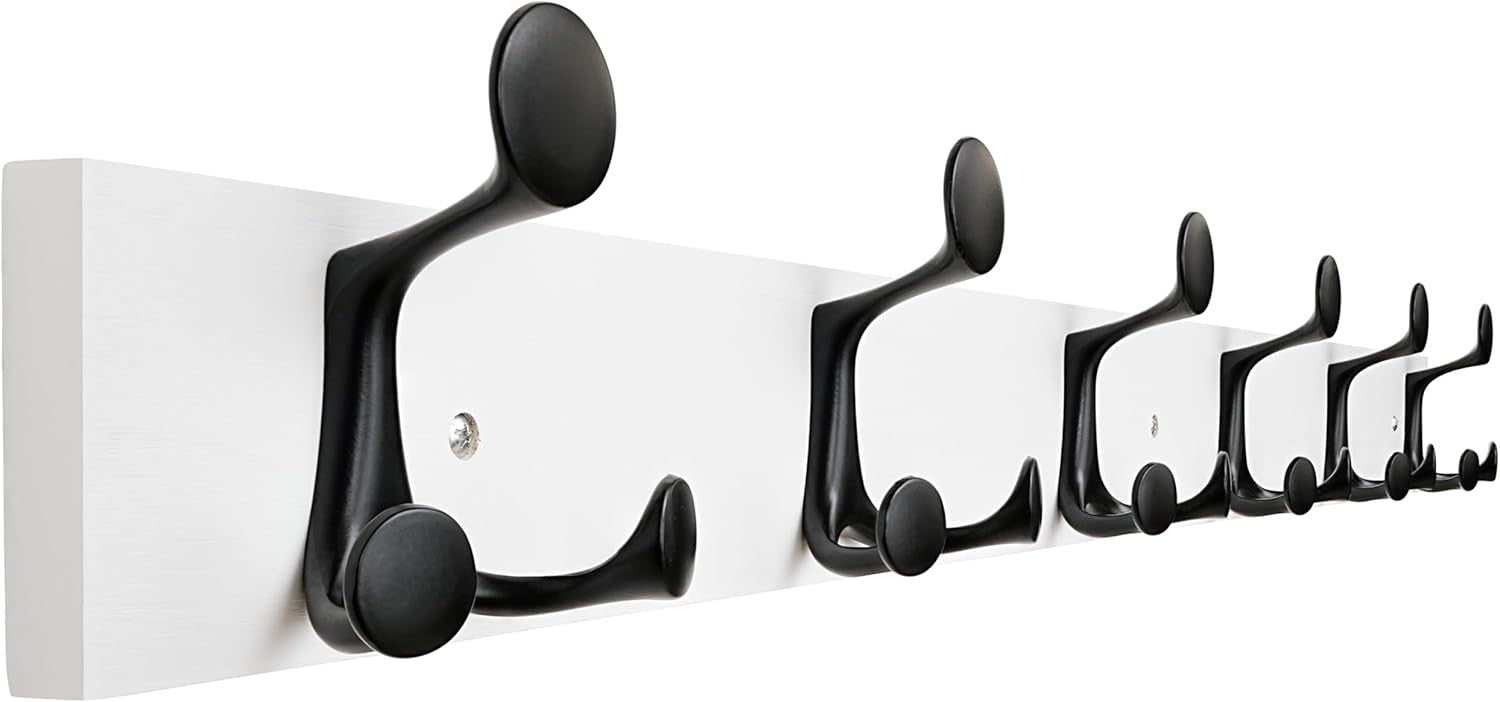 White Wall Coat Rack 6 Triple Hooks | 99cm Wooden Hanging Rail Organizer