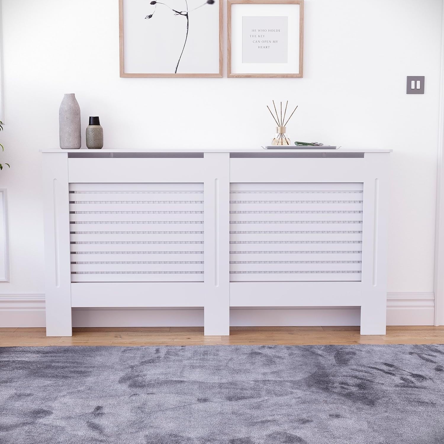 Large White Radiator Cover 152cm Modern MDF Heating Cabinet with Shelf