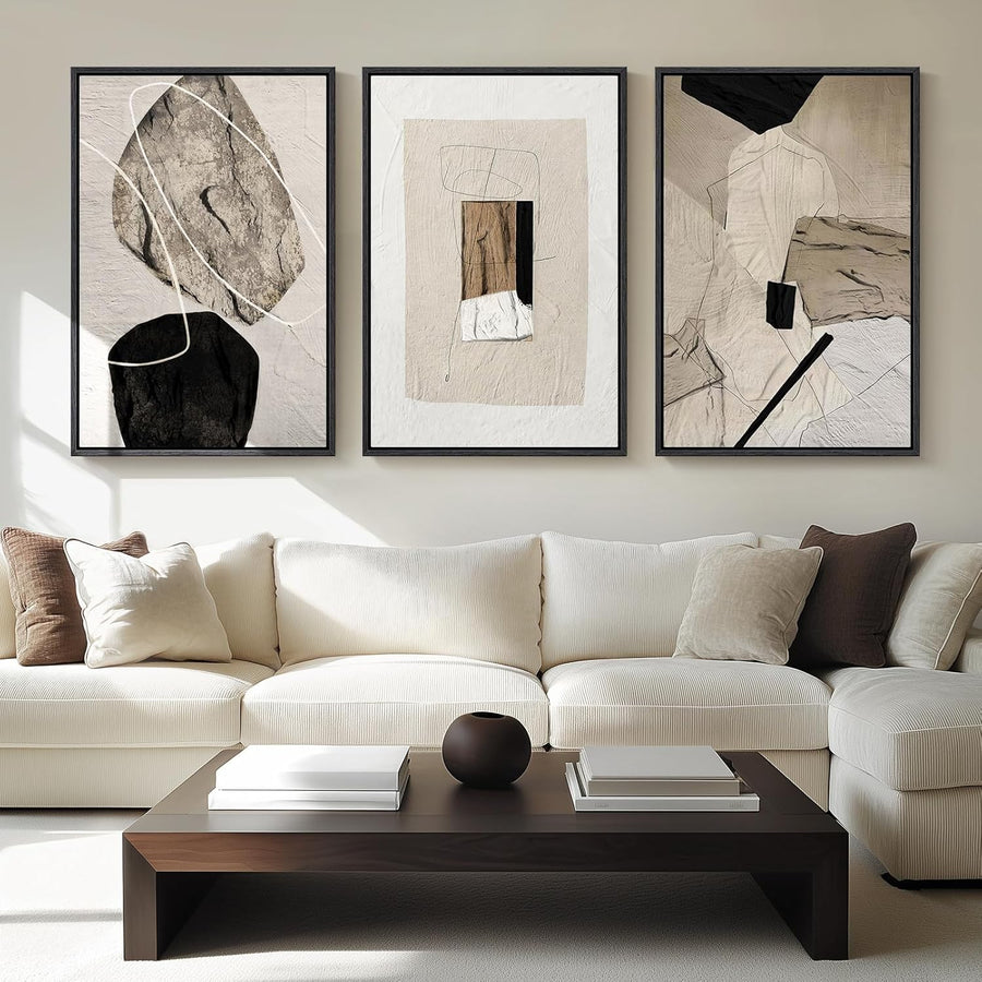 Large Neutral Abstract Wall Art Set 3 Framed 24x36 Black Beige