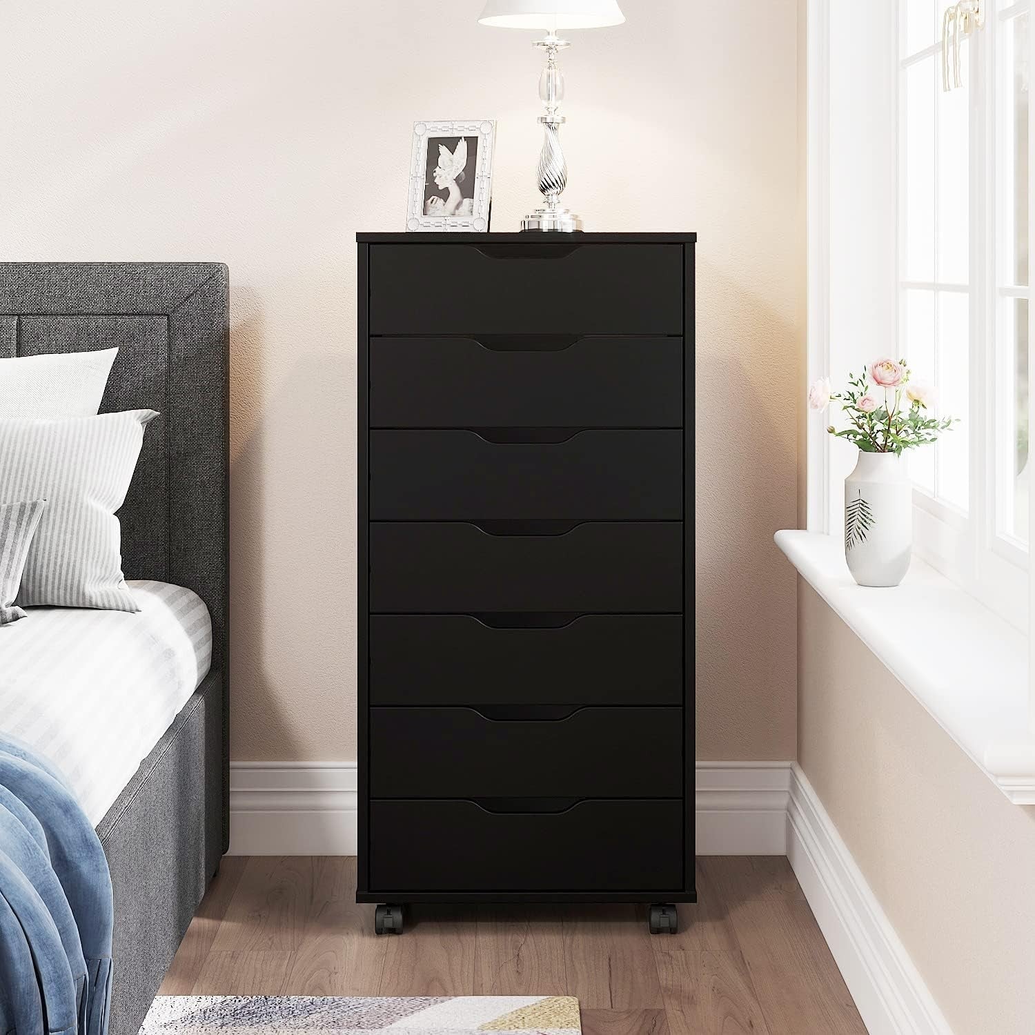 7 Drawer Mobile Filing Cabinet with Wheels Office Storage Chest Black
