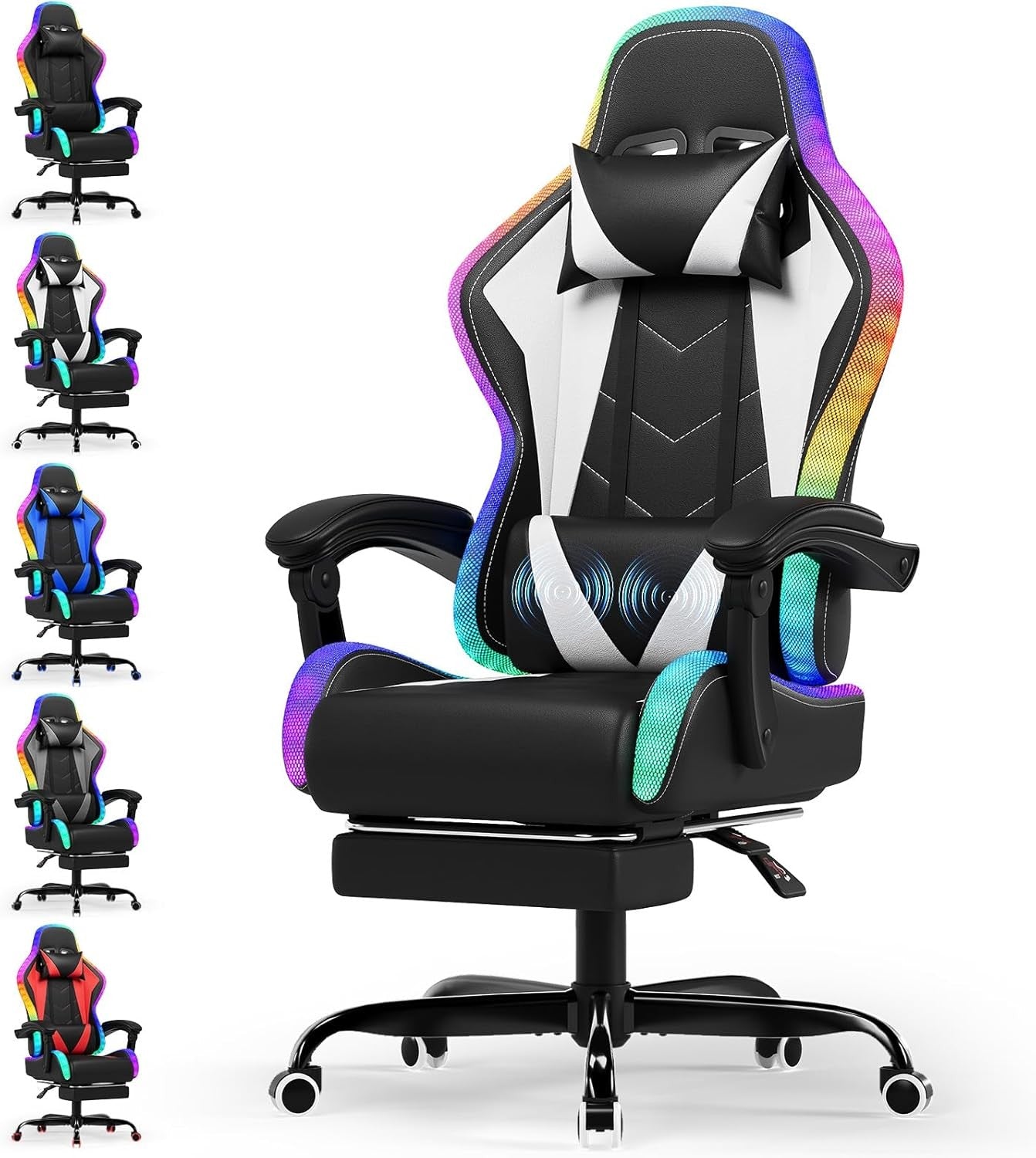 LED Gaming Chair w/ Footrest Massage Reclining RGB White