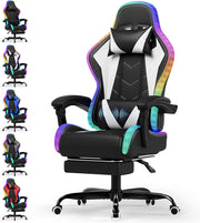 LED Gaming Chair w/ Footrest Massage Reclining RGB White
