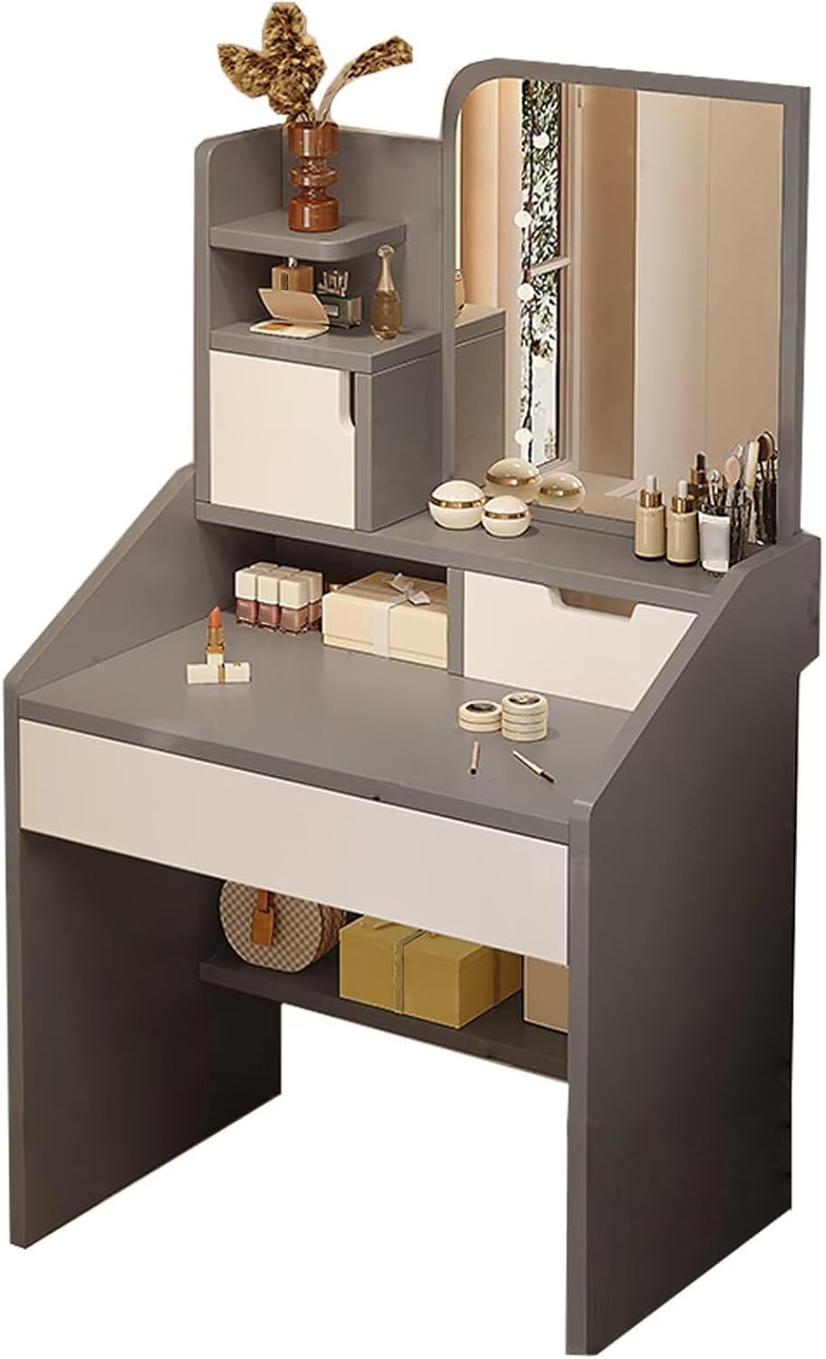 Grey Vanity Table 3-Color LED Mirror, Storage Drawers, Modern Makeup Dressing De