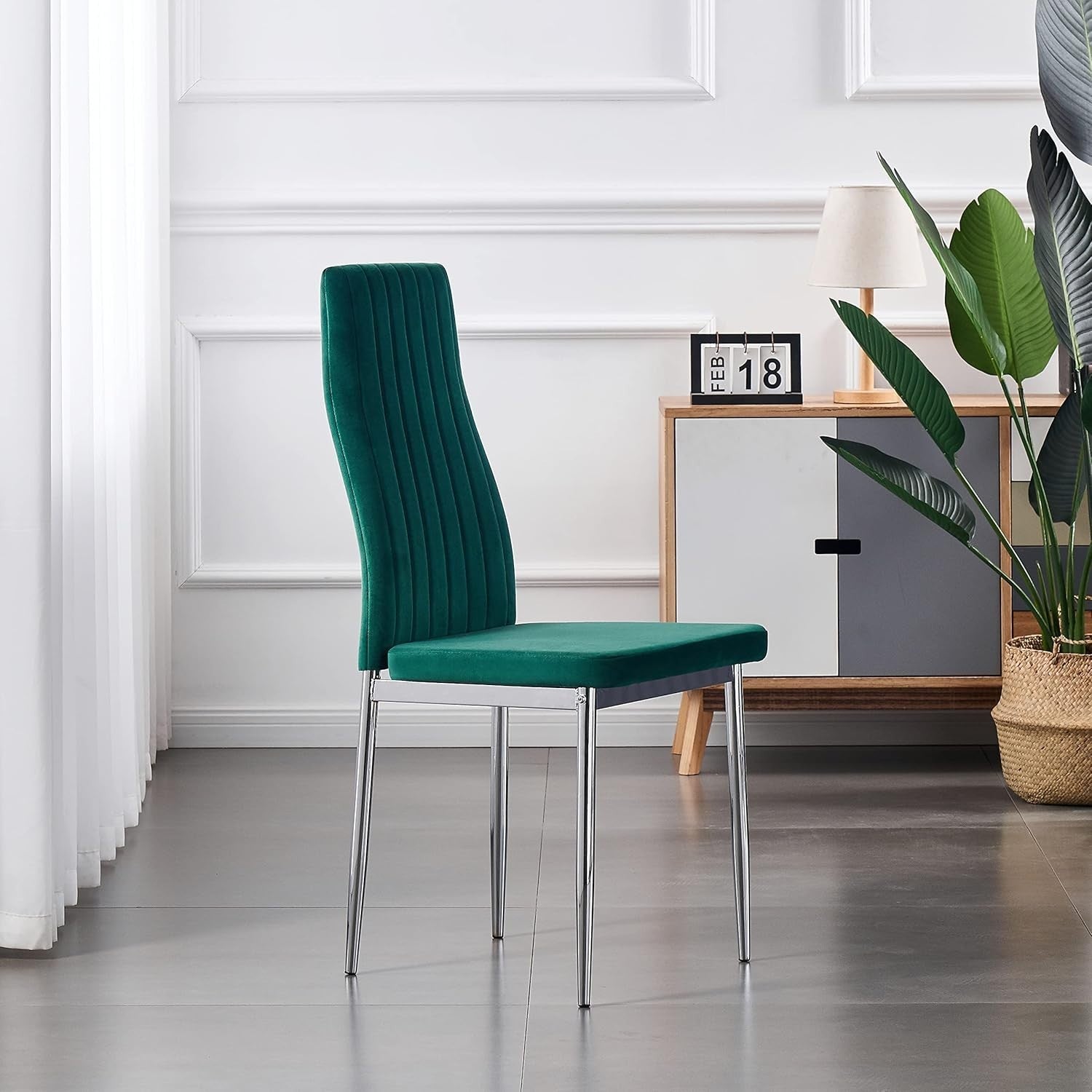 Modern White Dining Table Set 4 Chairs Velvet Green High Gloss Rectangular