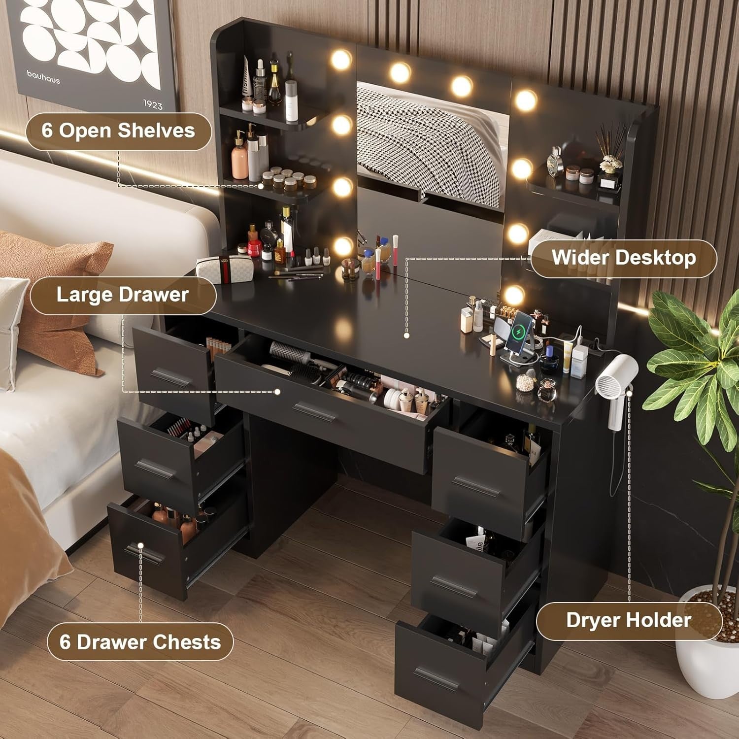 Black Modern Vanity Makeup Dressing Table Desk w/ Mirror LED Lights Power Outlet