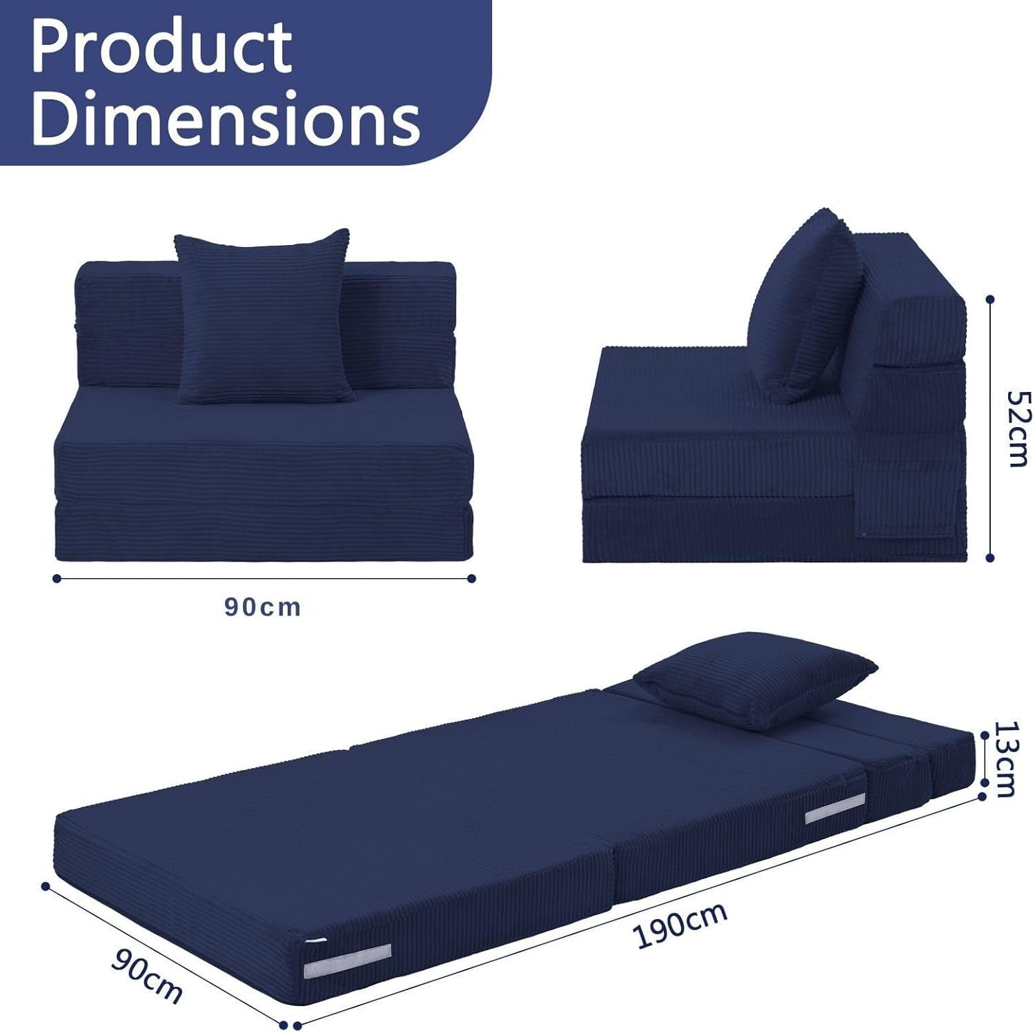 Fold Out Single Sofa Chair Bed Guest Mattress 3in1 Navy Corduroy Foam