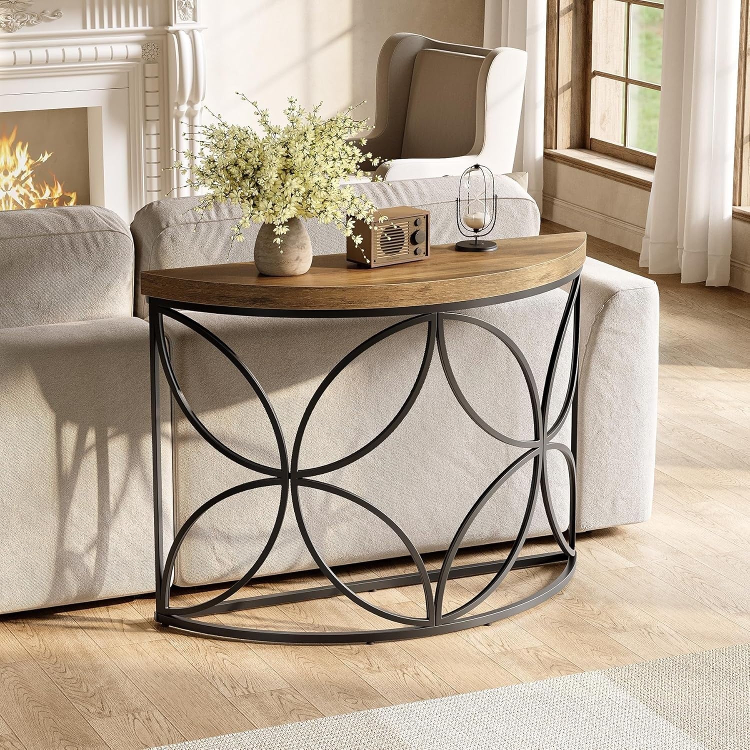 Half Moon Console Table – 110cm Rustic Entryway Table w/ Metal Frame