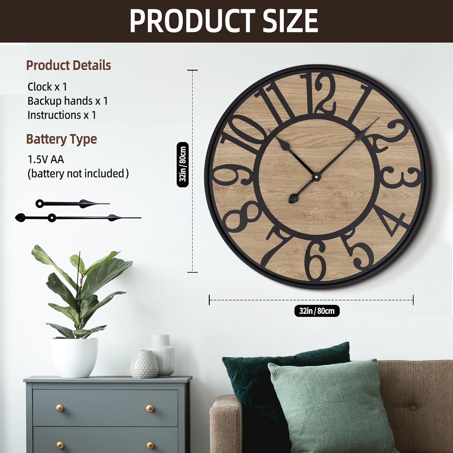 Large 80cm Silent Rustic Wall Clock Metal Wood Arabic Numerals Decor
