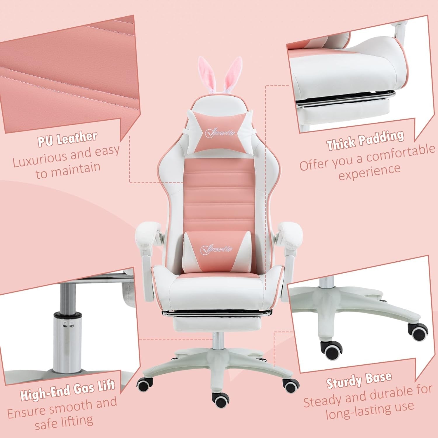 Pink Gaming Chair w/ Rabbit Ears Recliner Footrest Lumbar Support