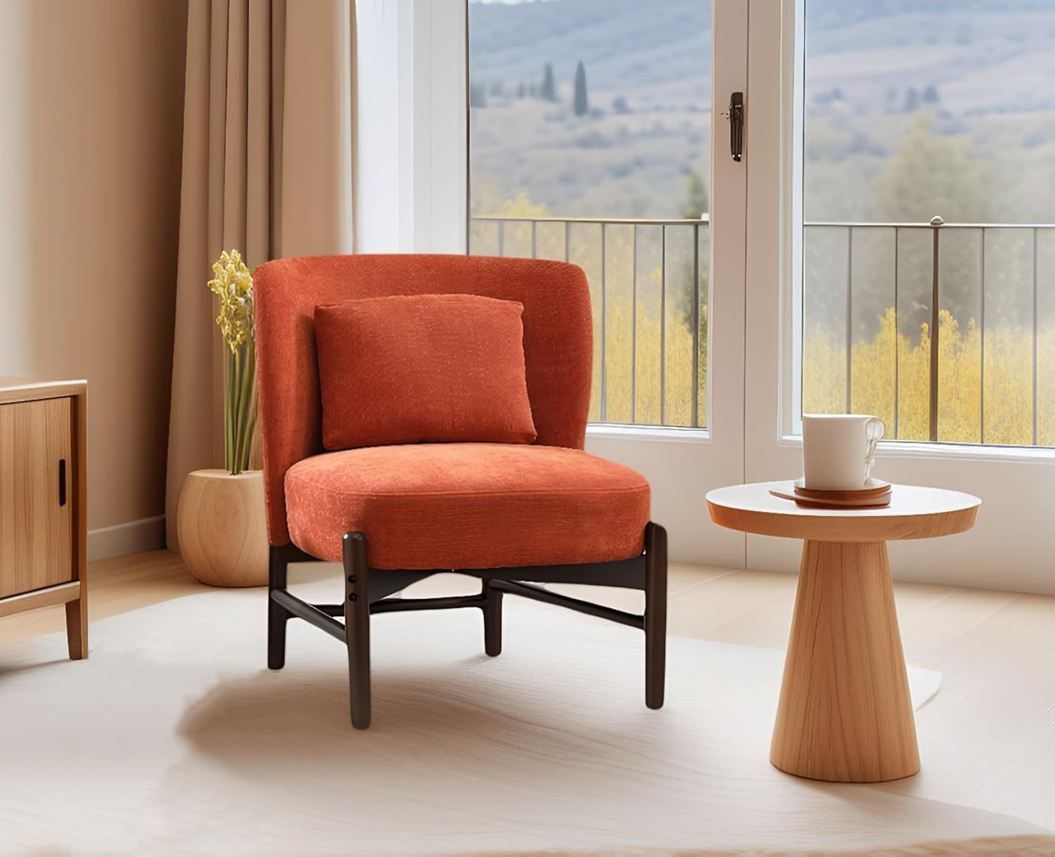 Chenille Accent Chair Orange Armless Tub Chair with Pillow