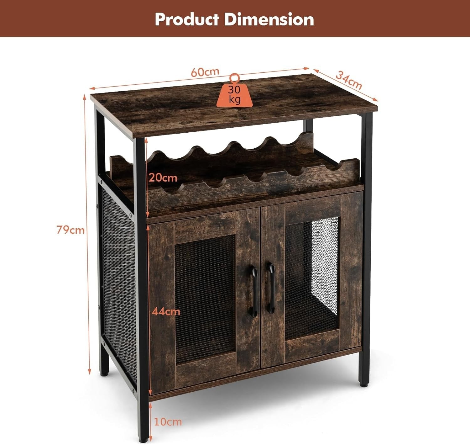 Industrial Wine Bar Cabinet Sideboard with Wine Rack & Glass Holder Rustic Brown