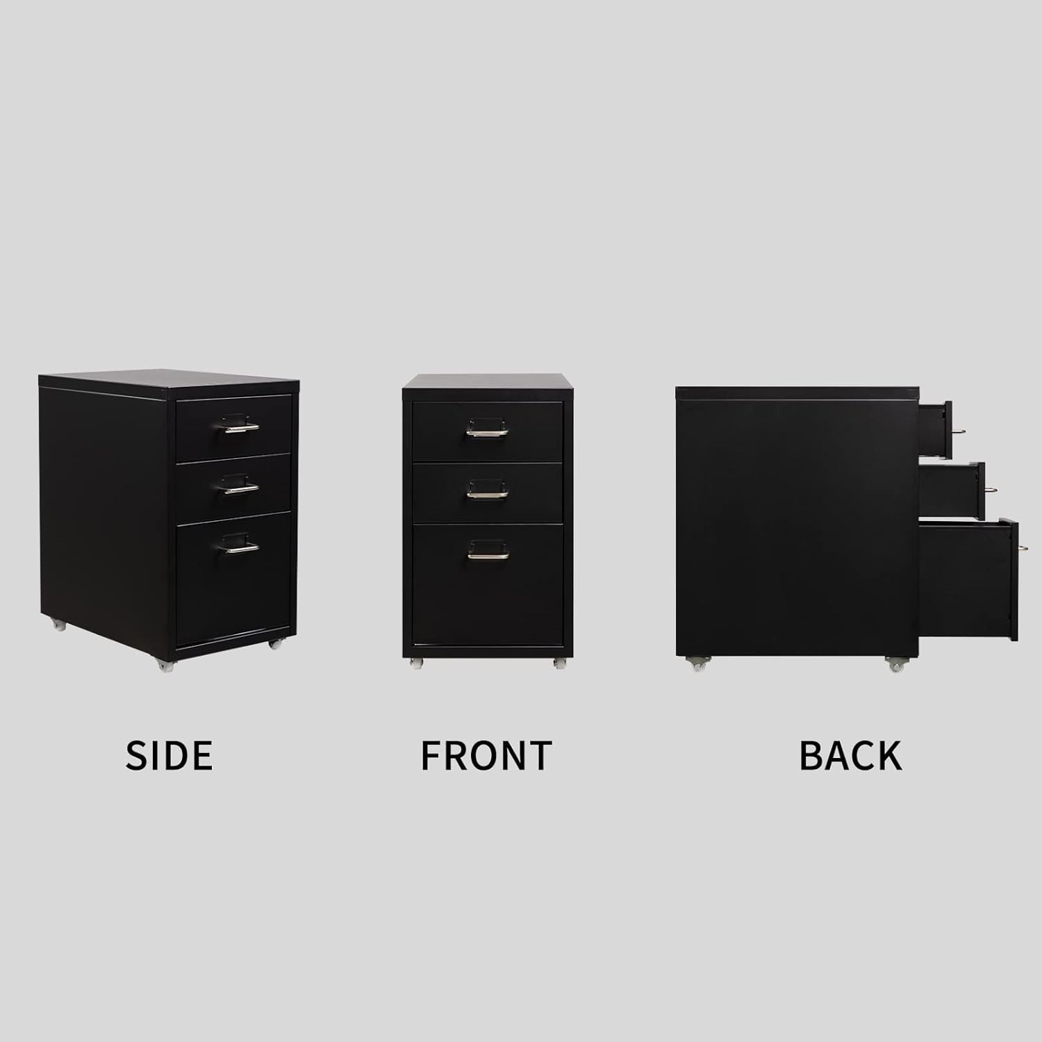 Black Metal Under Desk Drawer Unit 3 Tier Rolling File Storage