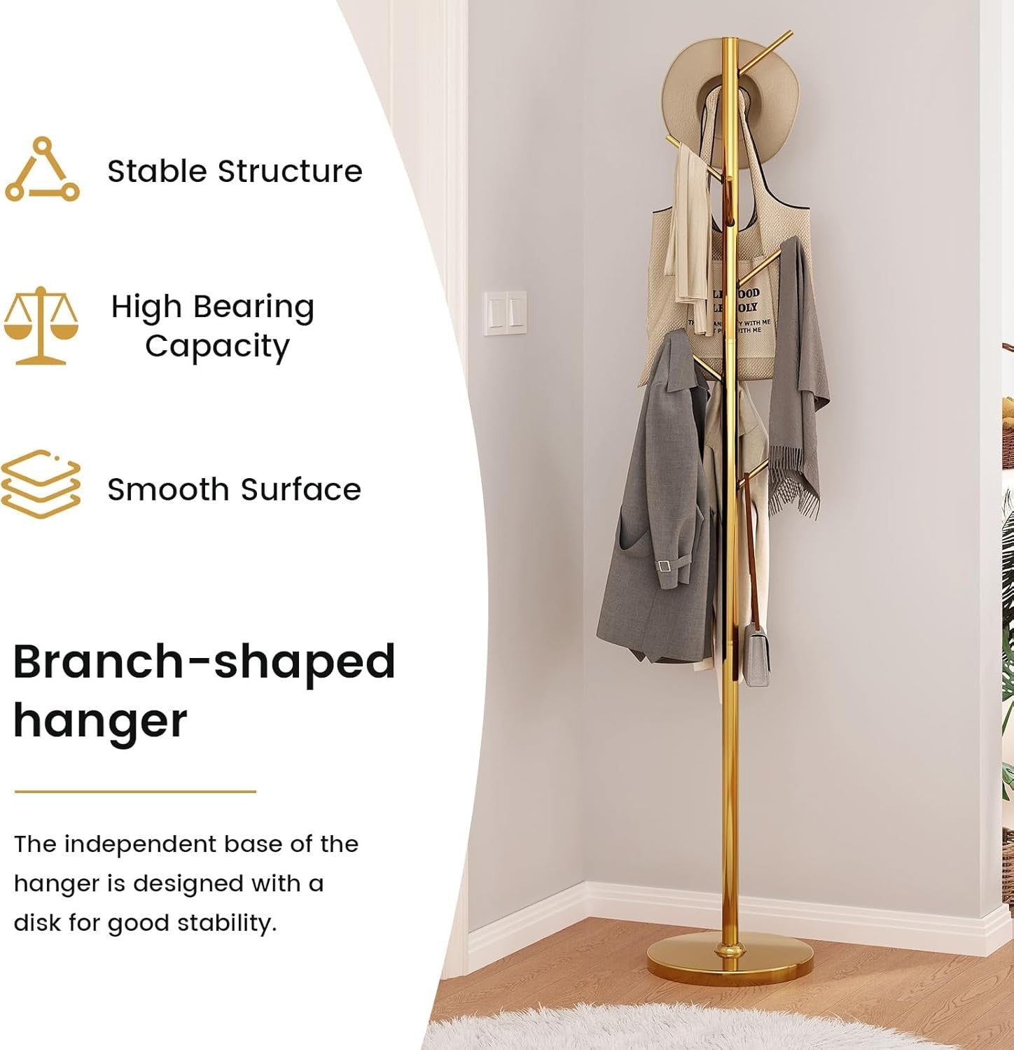 Gold Metal Coat Rack Stand 8 Hooks | Modern Freestanding Hall Tree 187cm