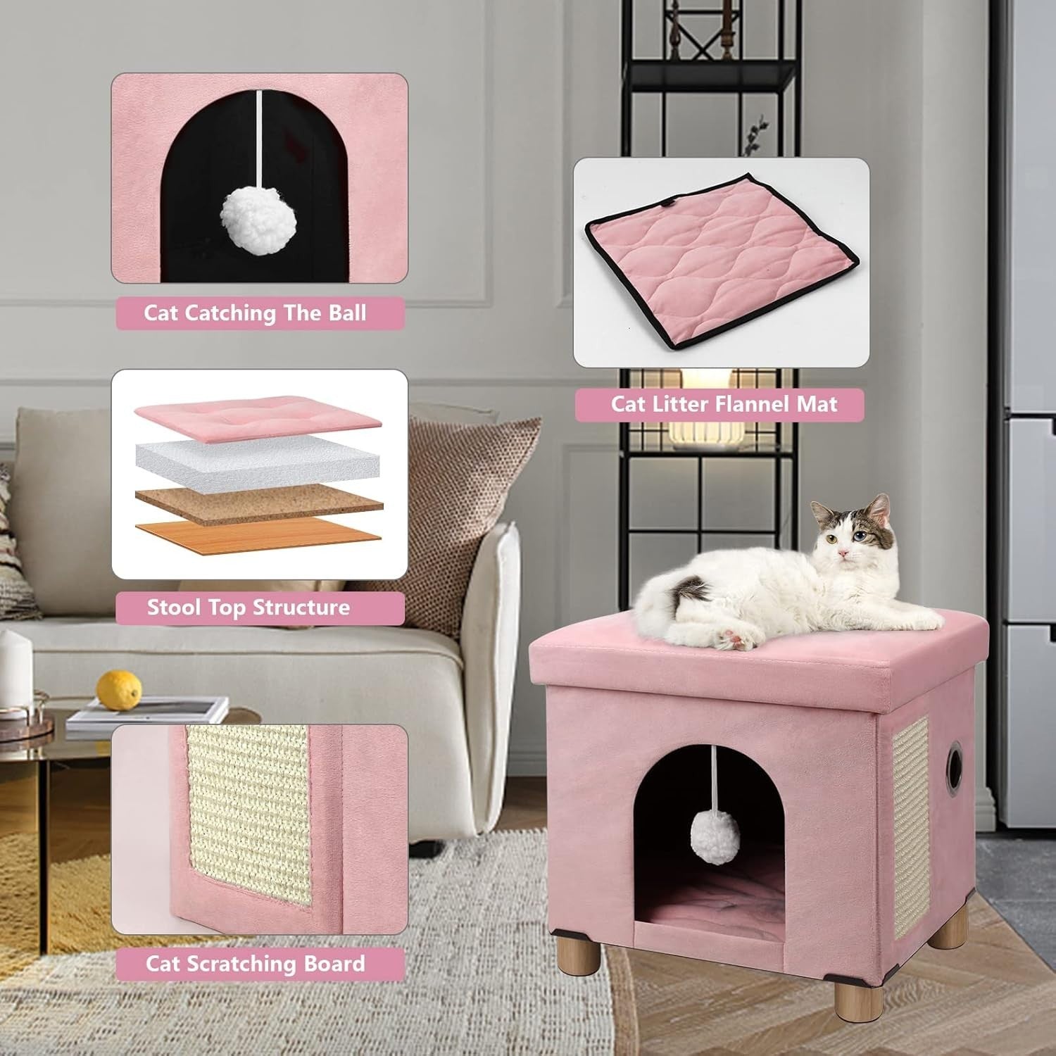 Foldable Cat House Cube Cave w Scratching Board Cushion & Ball Pink