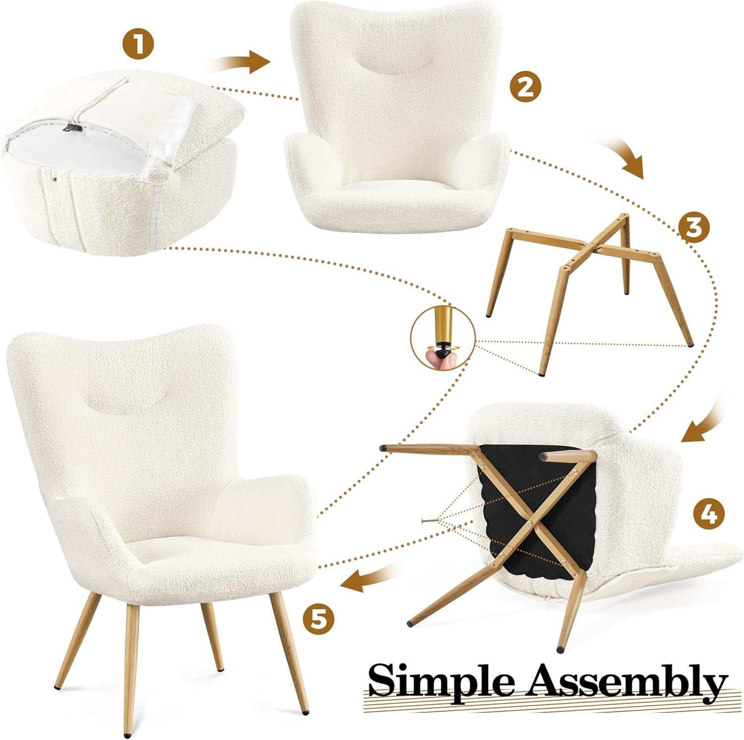 Cozy Sherpa Fuzzy Tub Chair with High Back & Wooden Legs for Living Room