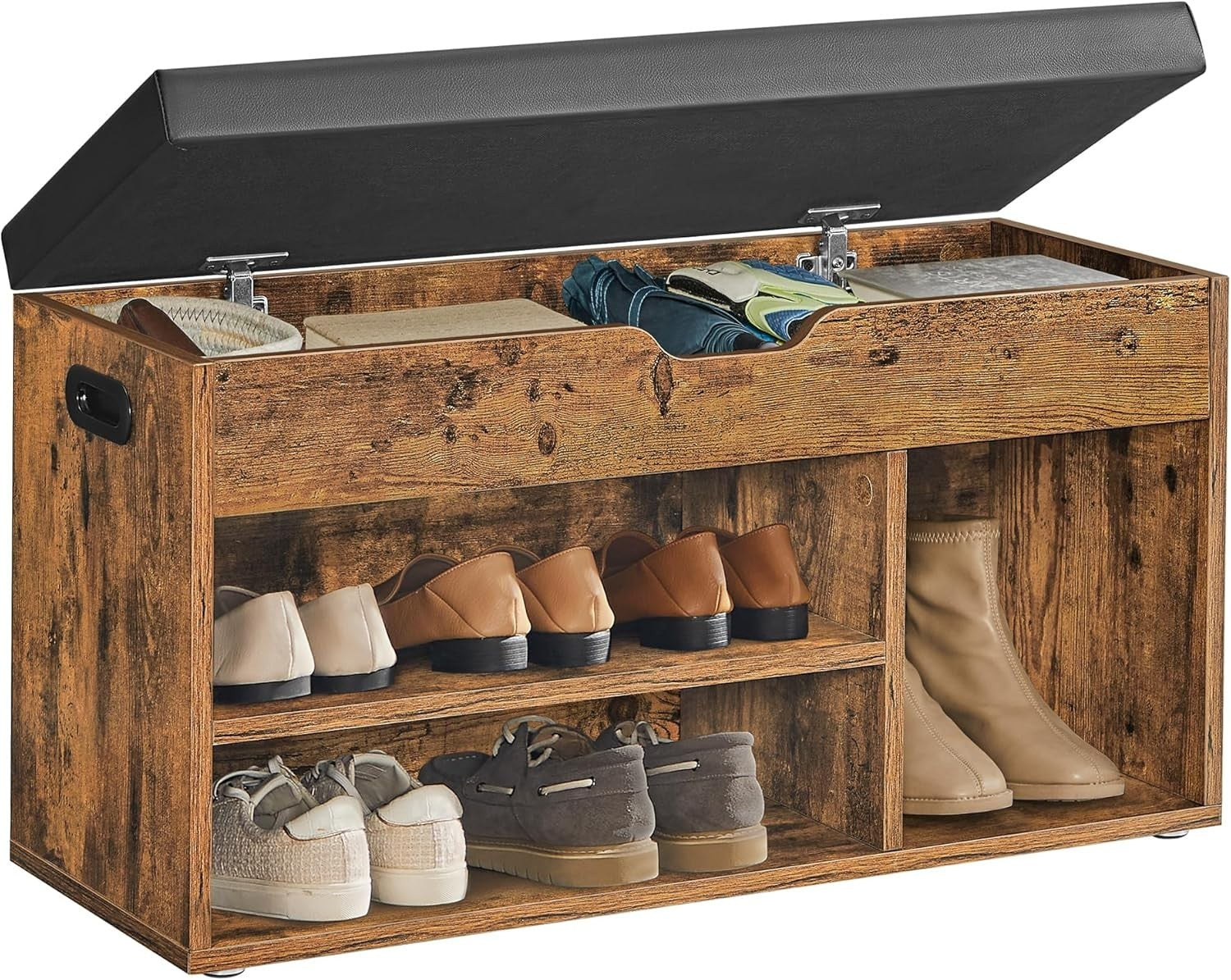 Rustic Brown Shoe Storage Bench with Cushion 3 Compartments Hidden Shelf Seat