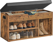 Rustic Brown Shoe Storage Bench with Cushion 3 Compartments Hidden Shelf Seat
