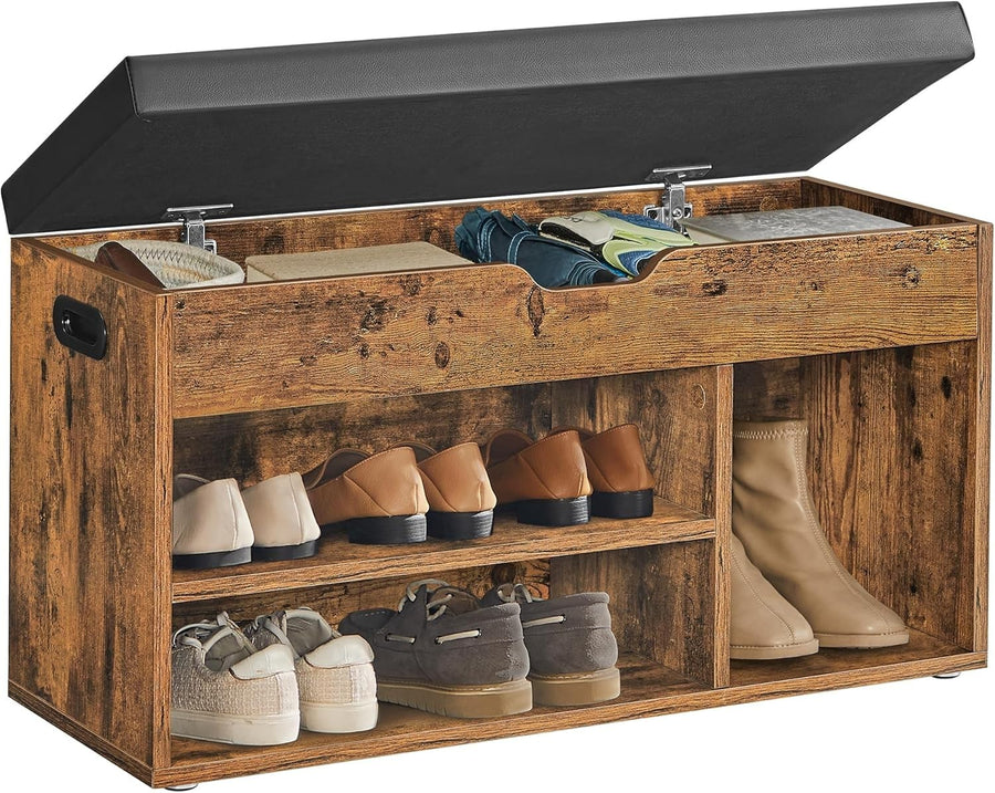 Rustic Brown Shoe Storage Bench with Cushion 3 Compartments Hidden Shelf Seat