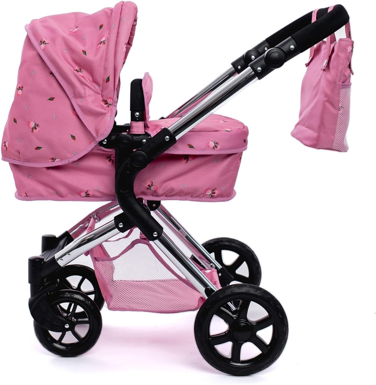 2in1 Dolls Pram Pink Carrycot & Pushchair Foldable Adjustable Handle