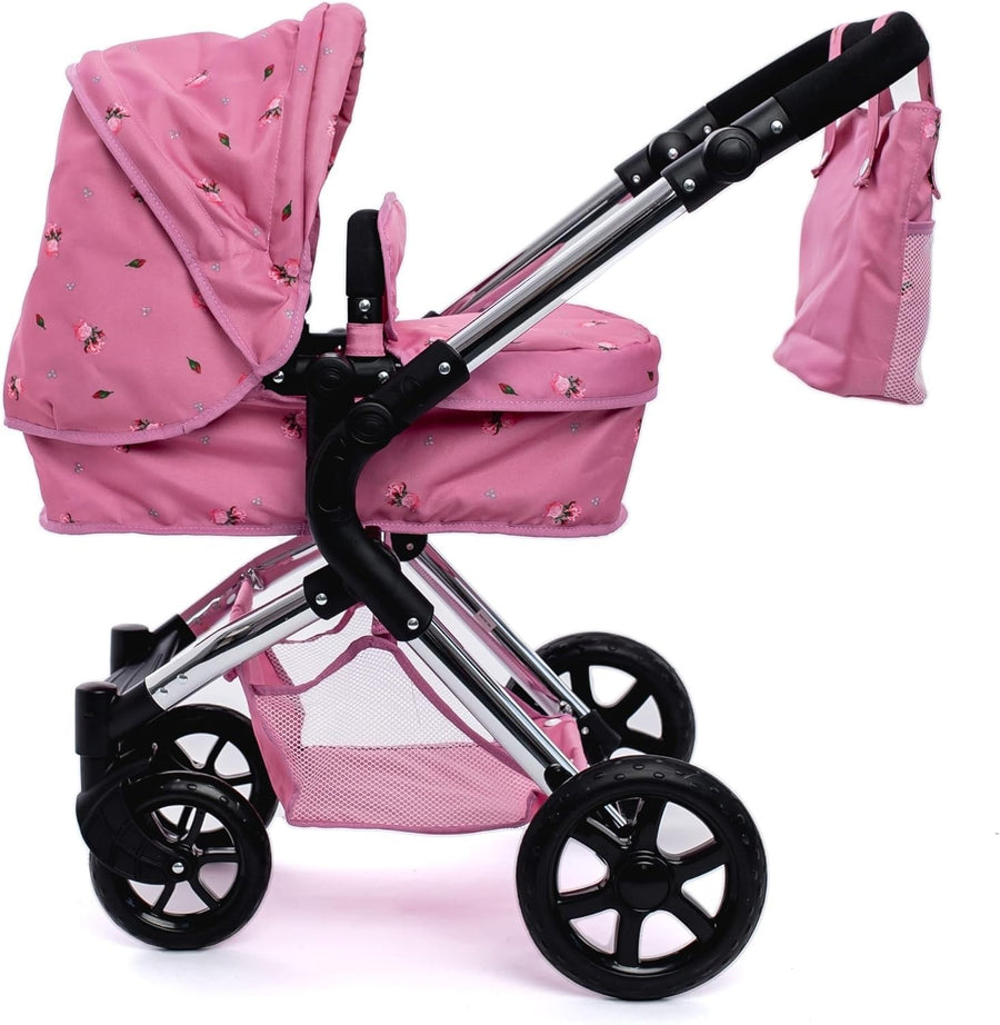 2in1 Dolls Pram Pink Carrycot & Pushchair Foldable Adjustable Handle
